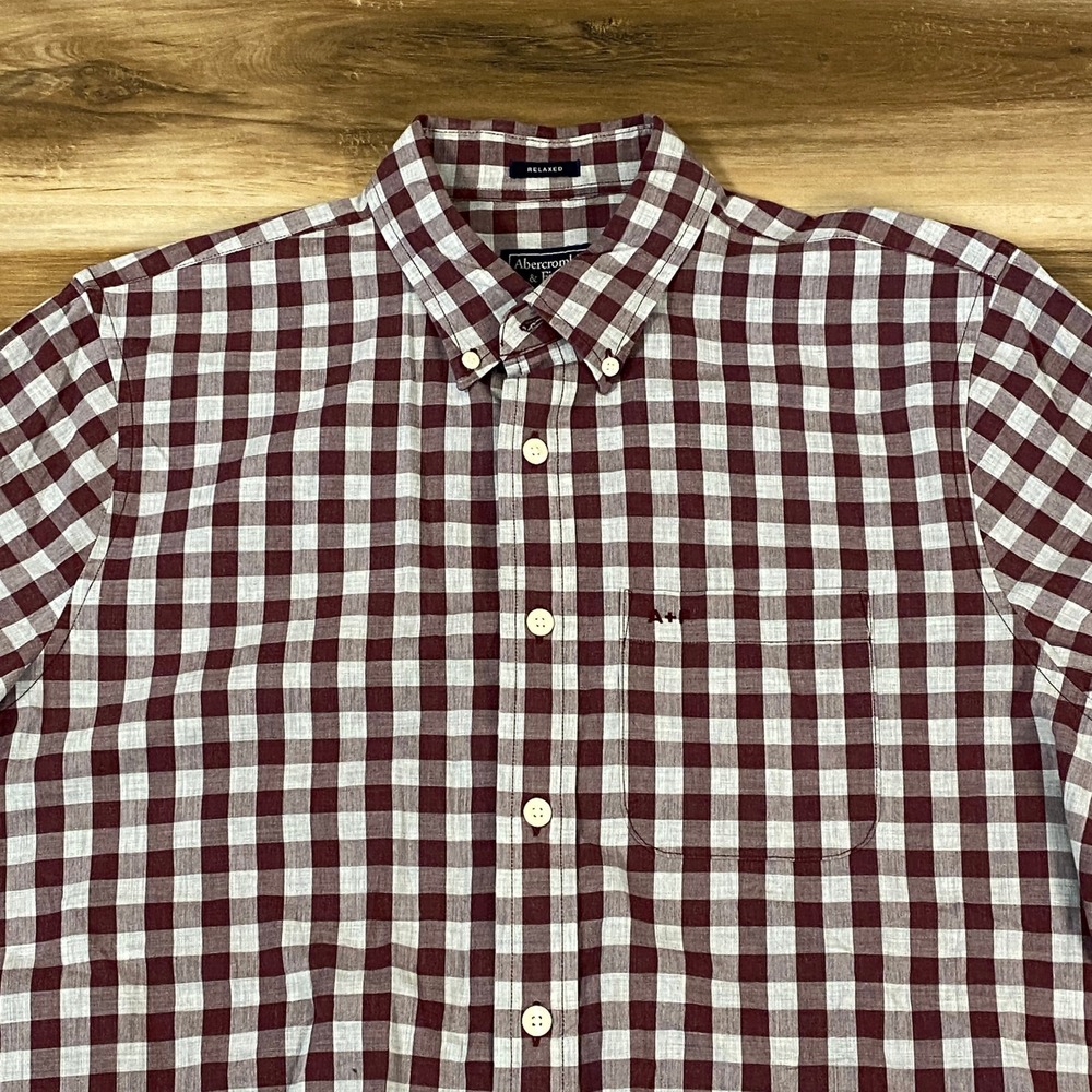 Abercrombie &‎ Fitch Mens Relaxed Gingham Button Down Shirt Large Burgundy Grey